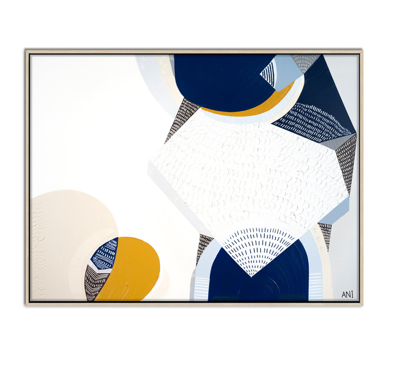 Framed abstract art piece with geometric shapes on a white Abstract coastal painting of the 12 Apostles along the Great Ocean Road under a starry night sky, inspired by the Milky Way. Features deep blues, earthy tones, and textured brushwork. Created by Melbourne-based artist Ani Ipradjian to capture the beauty of Australia's natural coastal landmarks.background