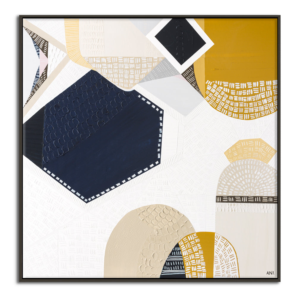 Australian Outback Road 3 abstract landscape artwork by Melbourne-based Australian artist Ani Ipradjian, featuring earthy mustard tones and ocean blues inspired by a cross-country journey from Melbourne to Perth, celebrating Australia’s vast outback roads, rugged terrain, and contemporary Australian art style.