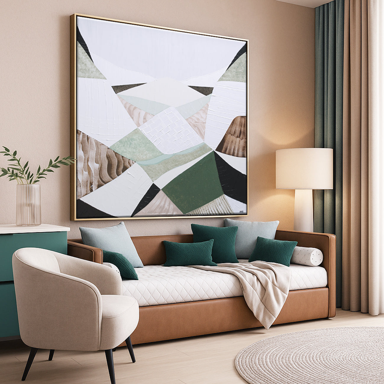 "Great Dividing Ranges" – Original abstract landscape painting by Australian artist Ani Ipradjian, featuring earthy browns, sage greens, and rich textures inspired by Australia’s iconic mountain range spanning Queensland, New South Wales, and Victoria; perfect for collectors of Australian art, nature-inspired interiors, and global art enthusiasts.