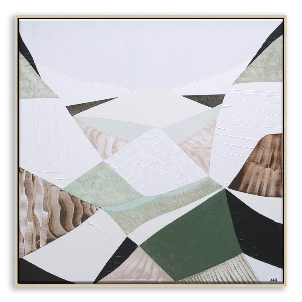 "Great Dividing Ranges" – Original abstract landscape painting by Australian artist Ani Ipradjian, featuring earthy browns, sage greens, and rich textures inspired by Australia’s iconic mountain range spanning Queensland, New South Wales, and Victoria; perfect for collectors of Australian art, nature-inspired interiors, and global art enthusiasts.