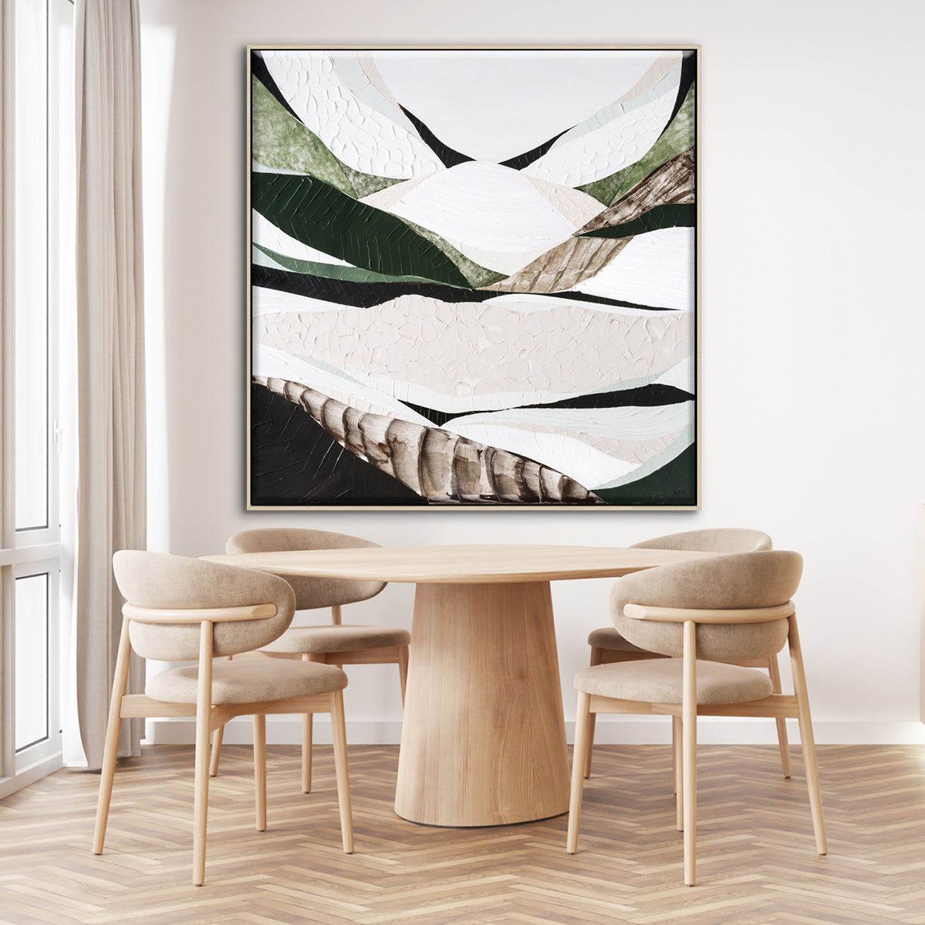 Australian Dividing Ranges 2 by Melbourne artist Ani Ipradjian — contemporary abstract Australian mountain landscape painting and print inspired by the Great Dividing Range. Features earthy browns, sage greens, and textured layers capturing native bushland, rugged terrain, and Australia’s natural beauty across Queensland, New South Wales, and Victoria. Ideal for art collectors, interior designers, home decorators, and lovers of modern Australian landscape art. Available framed in Tasmanian Oak, Black, or Wh