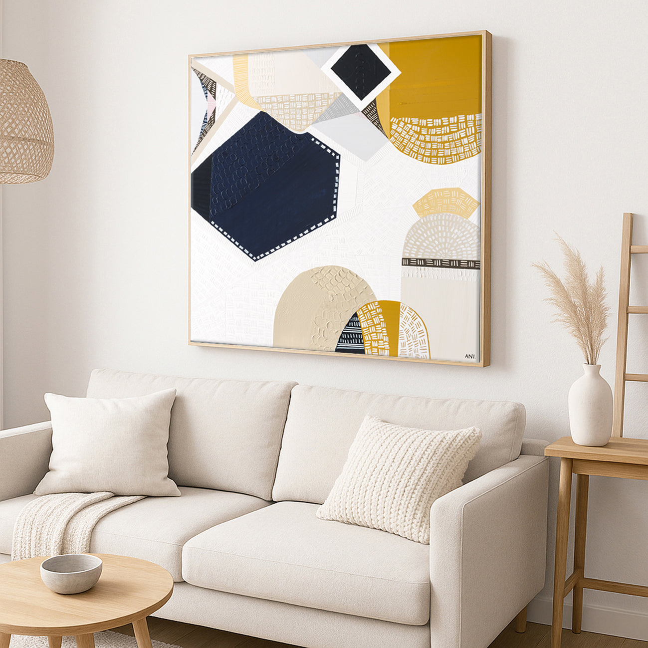 Australian Outback Road 3 abstract landscape artwork by Melbourne-based Australian artist Ani Ipradjian, featuring earthy mustard tones and ocean blues inspired by a cross-country journey from Melbourne to Perth, celebrating Australia’s vast outback roads, rugged terrain, and contemporary Australian art style.