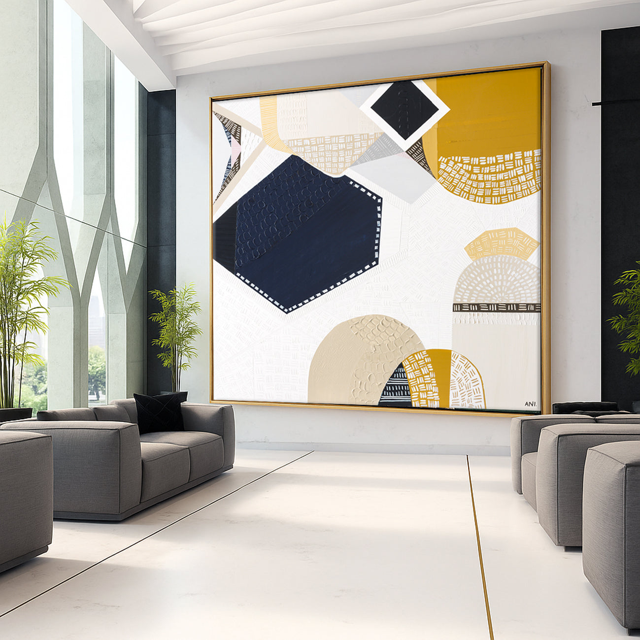 Australian Outback Road 3 abstract landscape artwork by Melbourne-based Australian artist Ani Ipradjian, featuring earthy mustard tones and ocean blues inspired by a cross-country journey from Melbourne to Perth, celebrating Australia’s vast outback roads, rugged terrain, and contemporary Australian art style.