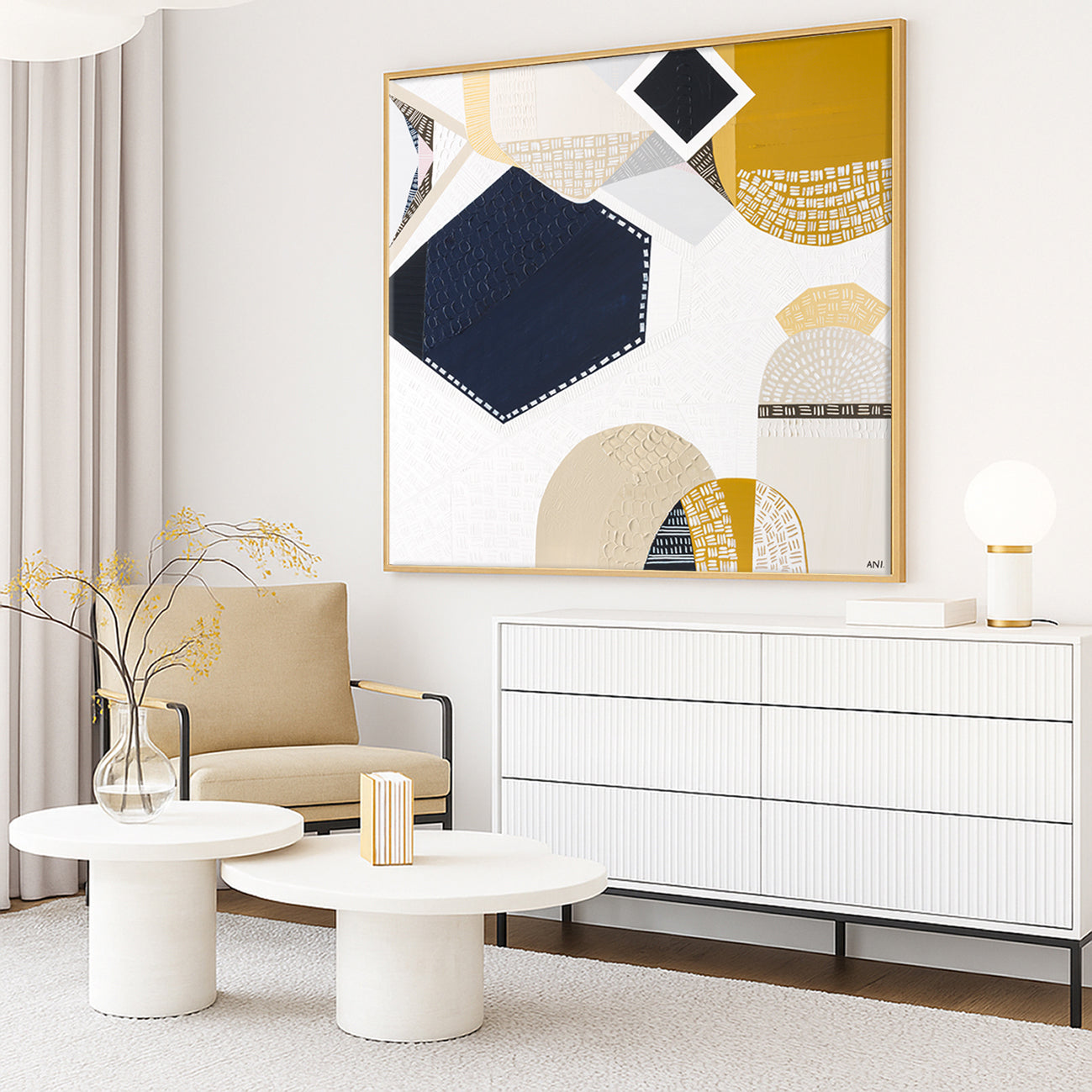 Australian Outback Road 3 abstract landscape artwork by Melbourne-based Australian artist Ani Ipradjian, featuring earthy mustard tones and ocean blues inspired by a cross-country journey from Melbourne to Perth, celebrating Australia’s vast outback roads, rugged terrain, and contemporary Australian art style.