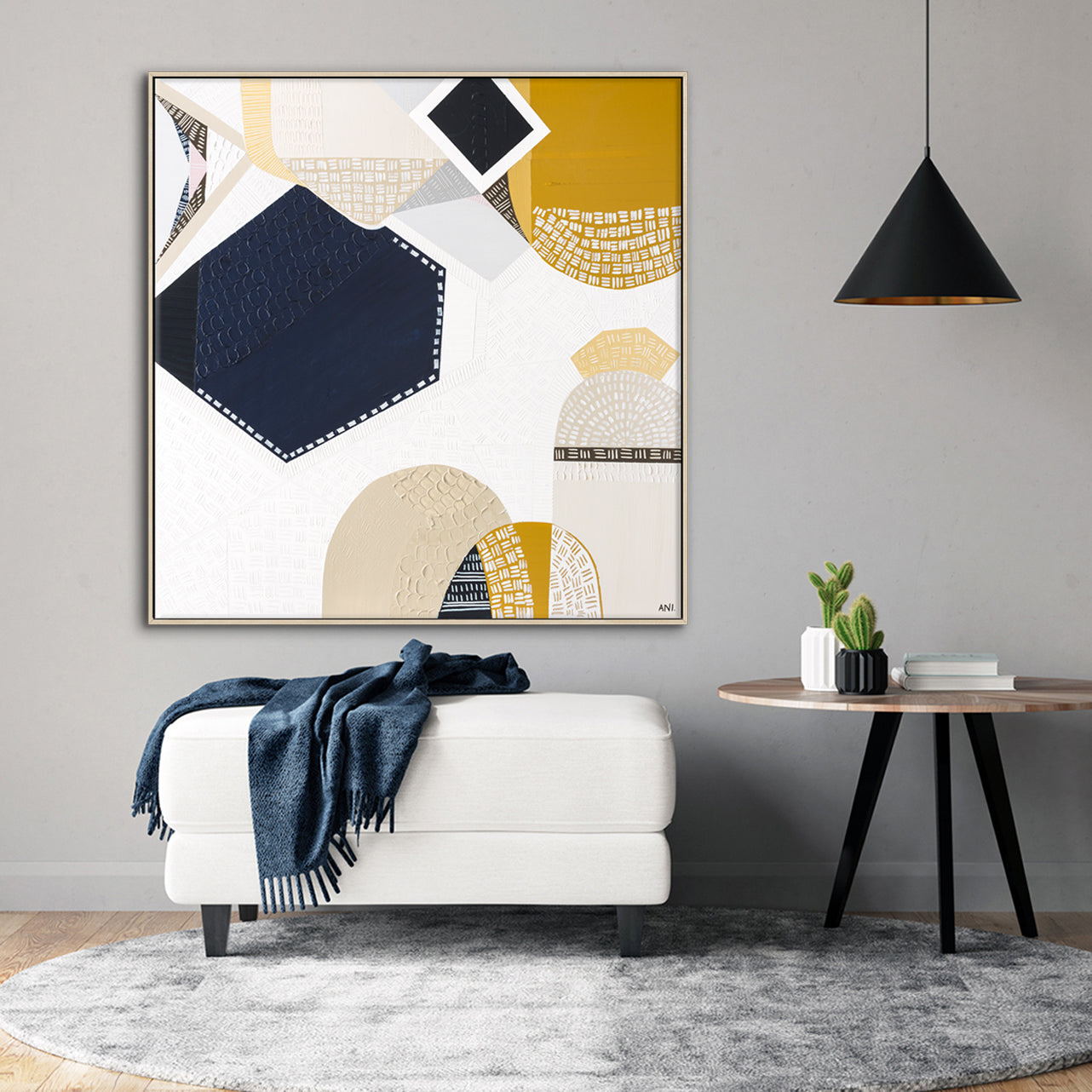 Australian Outback Road 3 abstract landscape artwork by Melbourne-based Australian artist Ani Ipradjian, featuring earthy mustard tones and ocean blues inspired by a cross-country journey from Melbourne to Perth, celebrating Australia’s vast outback roads, rugged terrain, and contemporary Australian art style.