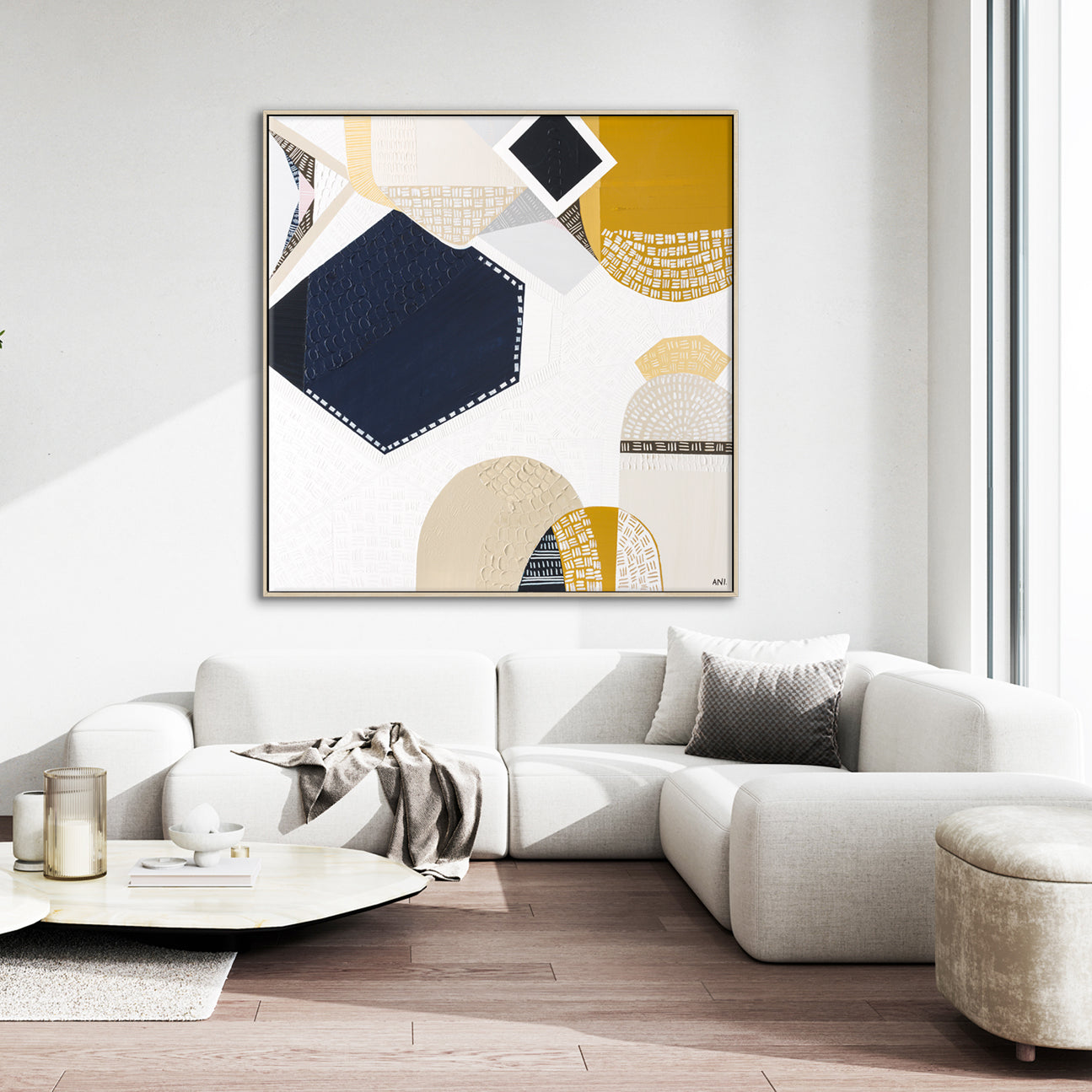 Australian Outback Road 3 abstract landscape artwork by Melbourne-based Australian artist Ani Ipradjian, featuring earthy mustard tones and ocean blues inspired by a cross-country journey from Melbourne to Perth, celebrating Australia’s vast outback roads, rugged terrain, and contemporary Australian art style.