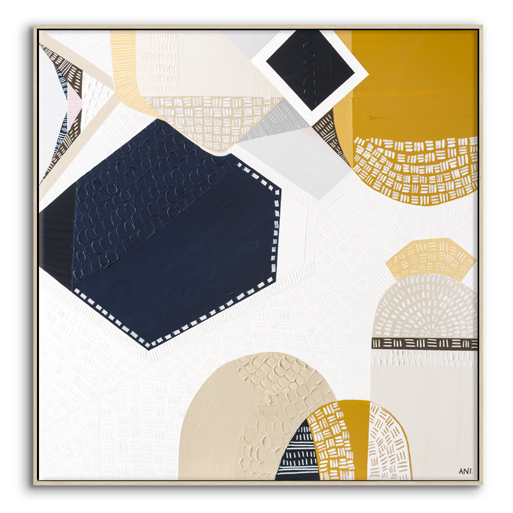 Australian Outback Road 3 abstract landscape artwork by Melbourne-based Australian artist Ani Ipradjian, featuring earthy mustard tones and ocean blues inspired by a cross-country journey from Melbourne to Perth, celebrating Australia’s vast outback roads, rugged terrain, and contemporary Australian art style.