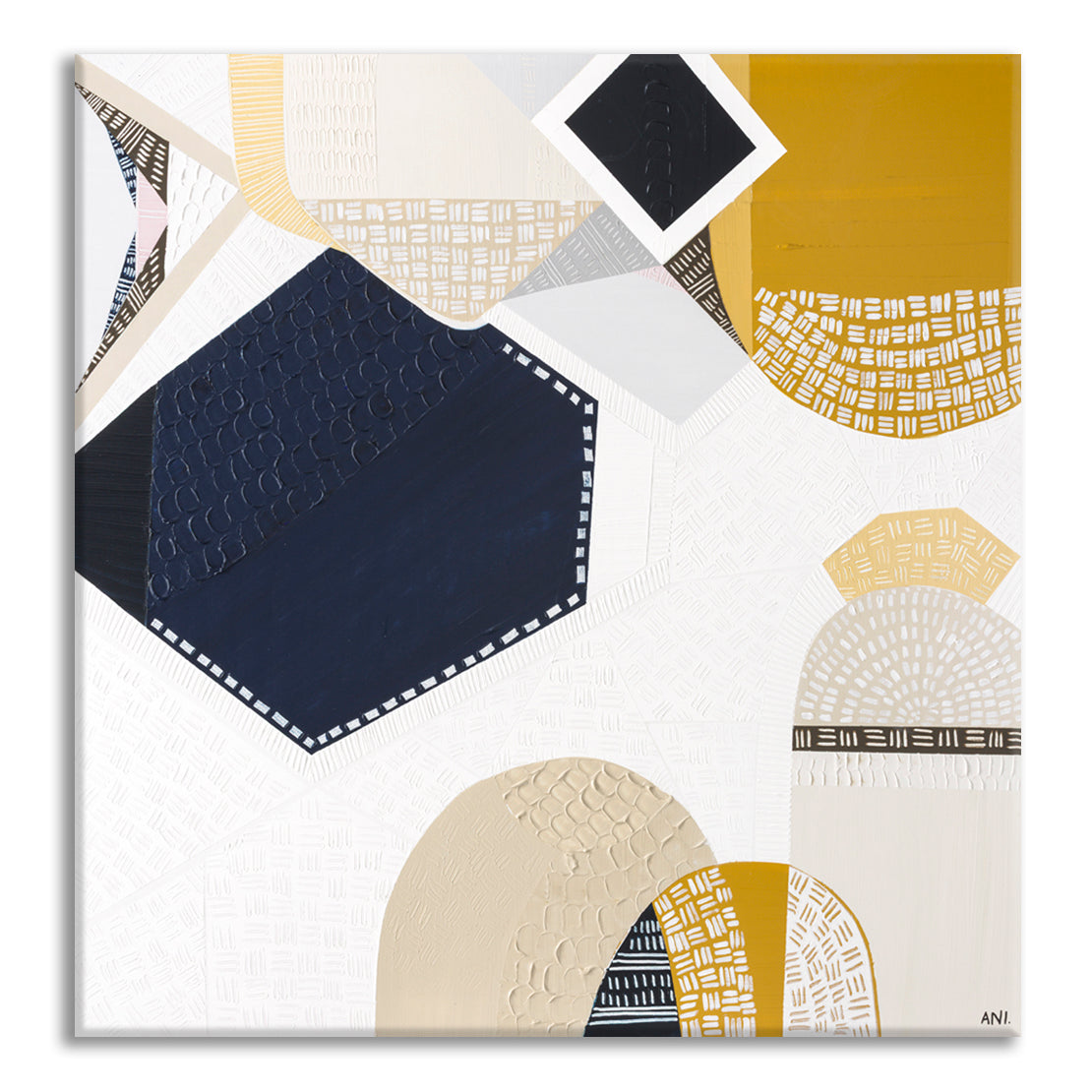 Australian Outback Road 3 abstract landscape artwork by Melbourne-based Australian artist Ani Ipradjian, featuring earthy mustard tones and ocean blues inspired by a cross-country journey from Melbourne to Perth, celebrating Australia’s vast outback roads, rugged terrain, and contemporary Australian art style.