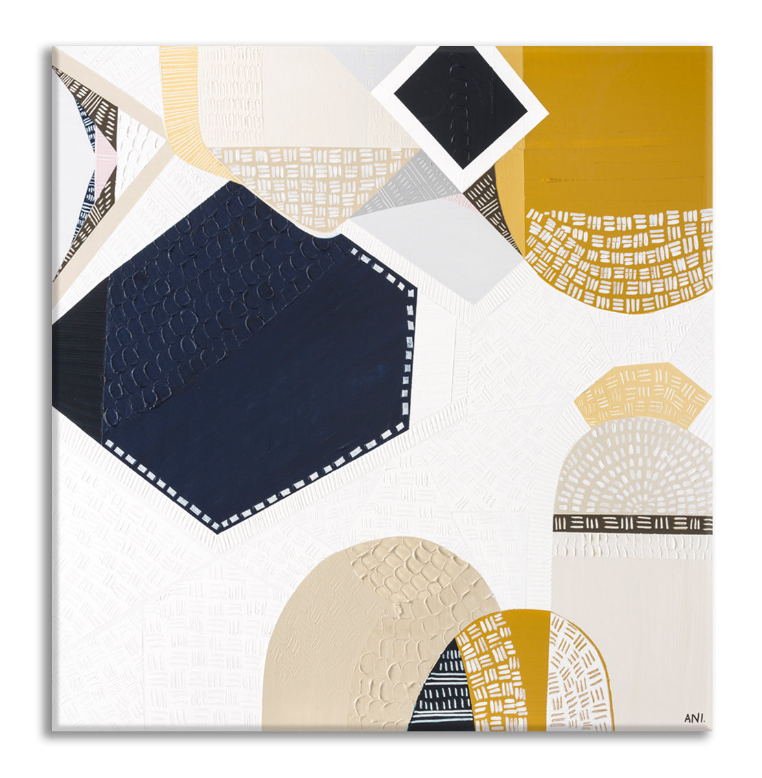 Australian Outback Road 3 abstract landscape artwork by Melbourne-based Australian artist Ani Ipradjian, featuring earthy mustard tones and ocean blues inspired by a cross-country journey from Melbourne to Perth, celebrating Australia’s vast outback roads, rugged terrain, and contemporary Australian art style.