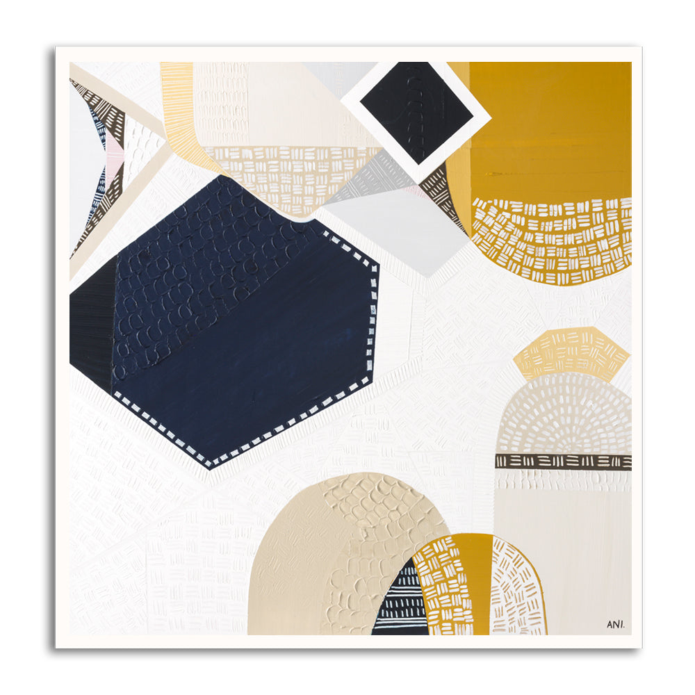 Australian Outback Road 3 abstract landscape artwork by Melbourne-based Australian artist Ani Ipradjian, featuring earthy mustard tones and ocean blues inspired by a cross-country journey from Melbourne to Perth, celebrating Australia’s vast outback roads, rugged terrain, and contemporary Australian art style.