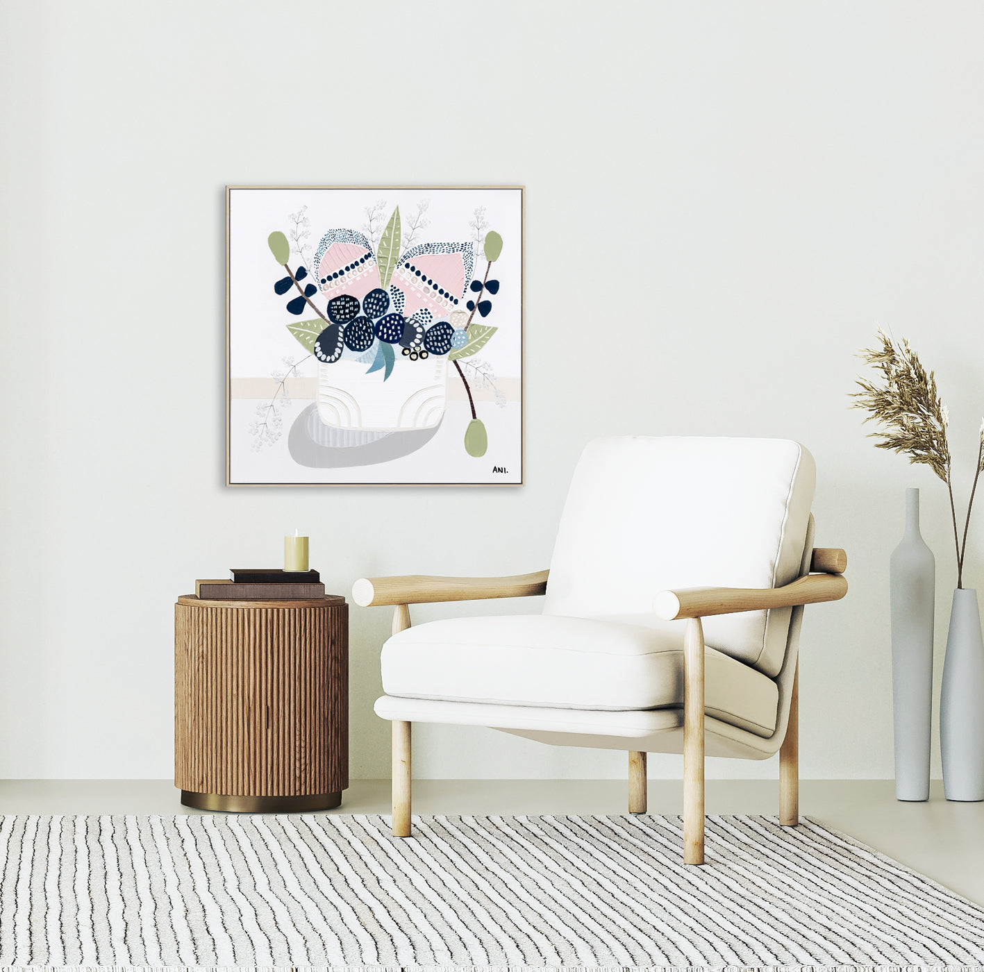 Original floral painting titled "Banksia Pods" by Melbourne-based artist Ani Ipradjian, showcasing Australia's native Banksia pod in a coastal-inspired palette of sandy tones, mustards, greens, and blues.