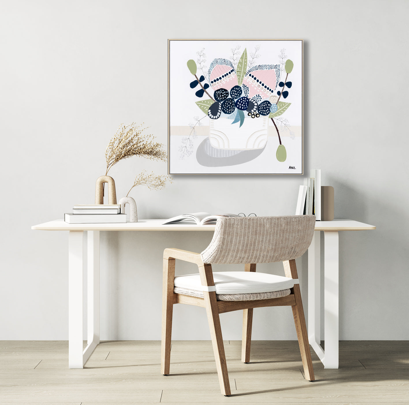 Original floral painting titled "Banksia Pods" by Melbourne-based artist Ani Ipradjian, showcasing Australia's native Banksia pod in a coastal-inspired palette of sandy tones, mustards, greens, and blues.