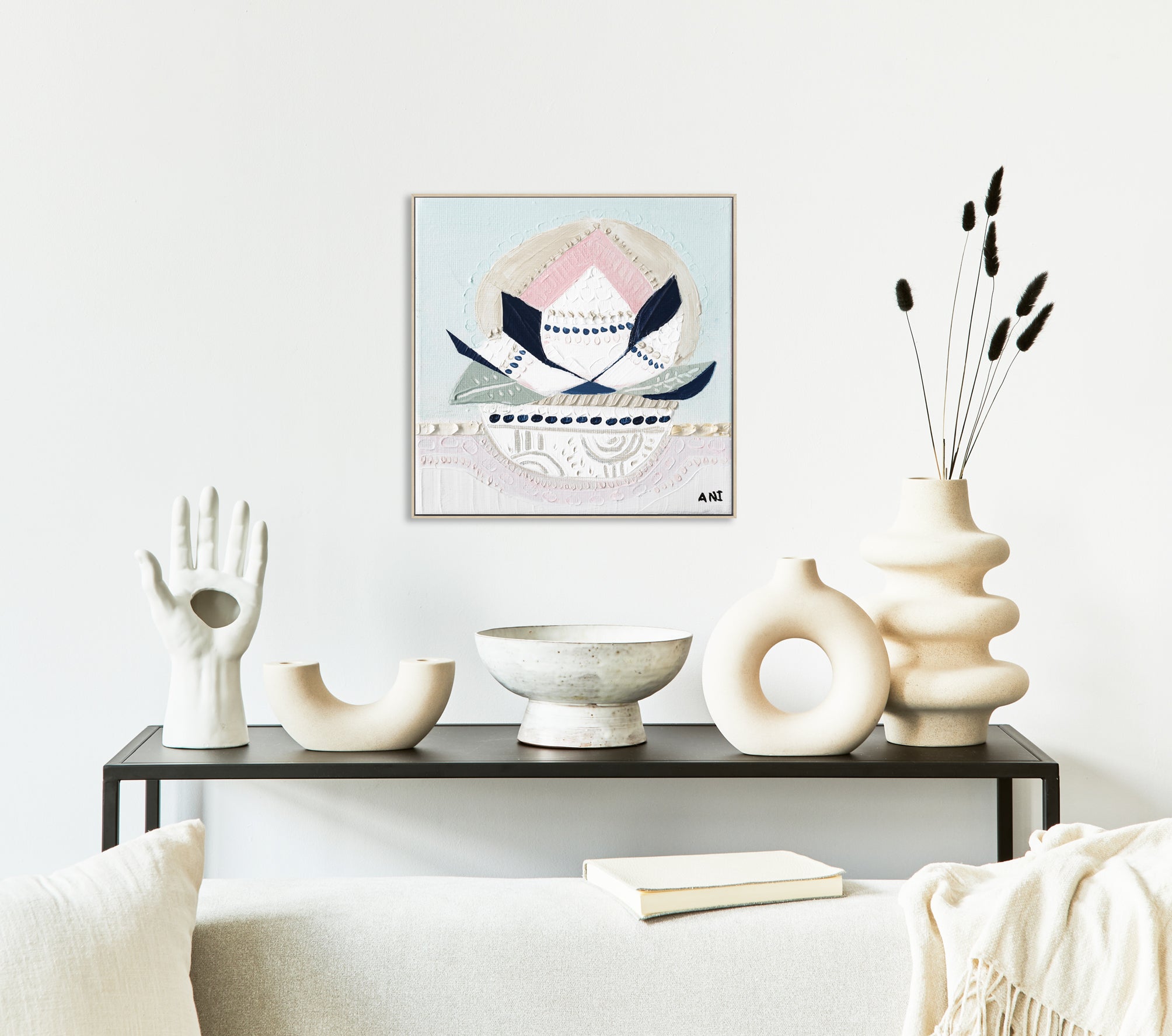 Banksia Crown abstract botanical art print by Australian artist Ani Ipradjian, inspired by the Australian Banksia flower and Crown Chakra symbolism, featuring layered textures and organic forms representing nature, spirituality, and contemporary Australian floral wall art for modern interiors.