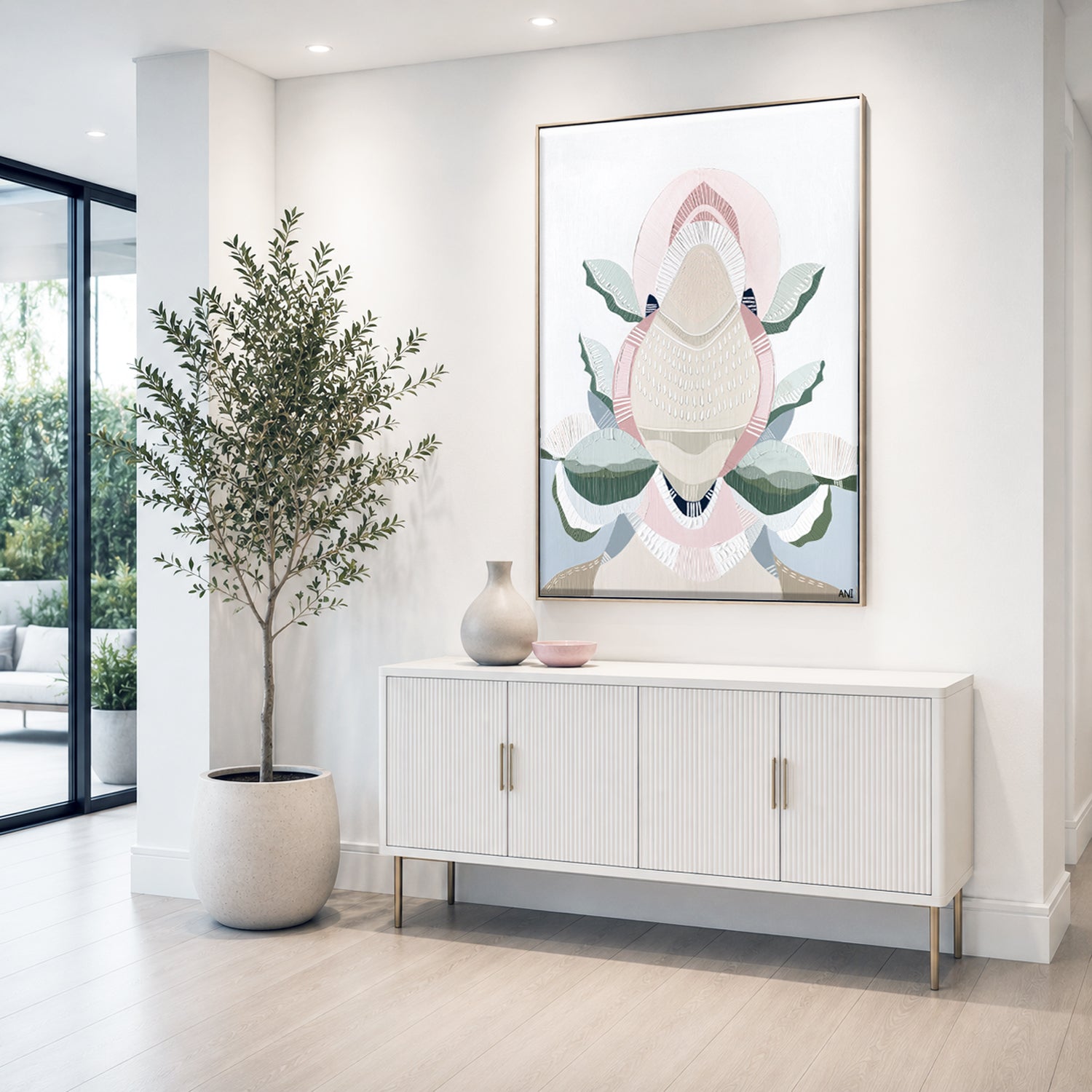 "Banksia Elements 1" – Original abstract painting by Australian artist Ani Ipradjian, inspired by the textures and colours of native Banksia flowers, celebrating their layered, spiky floral forms and natural elegance.