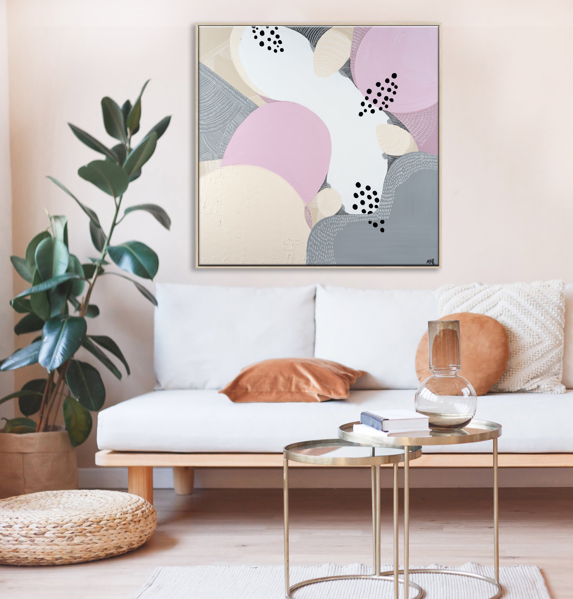 Print of a stylised Banksia hookeriana flower featuring textured orange blooms and jagged green leaves, set against an abstract background. A vibrant Australian botanical artwork by Ani Ipradjian.