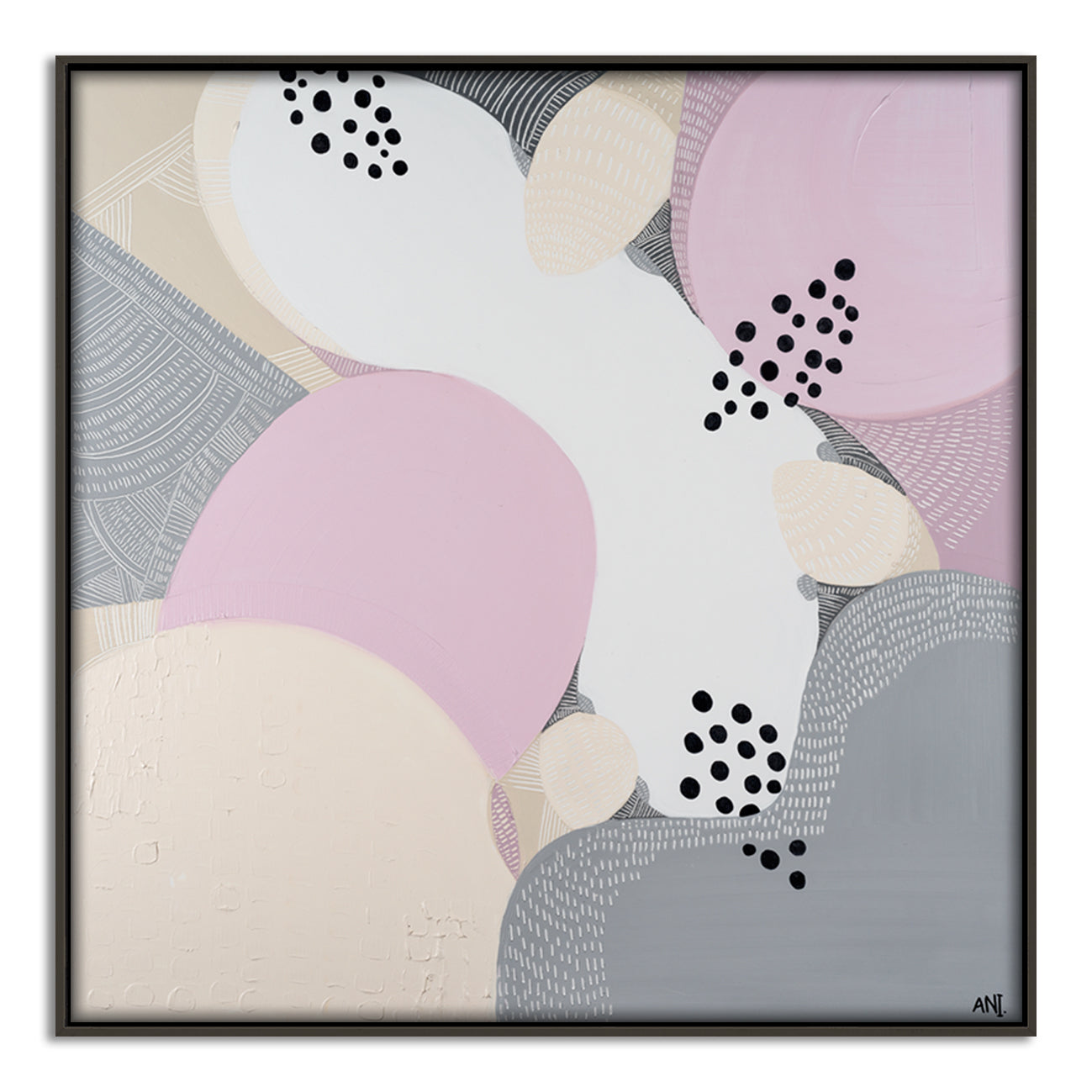 Print of a stylised Banksia hookeriana flower featuring textured orange blooms and jagged green leaves, set against an abstract background. A vibrant Australian botanical artwork by Ani Ipradjian.