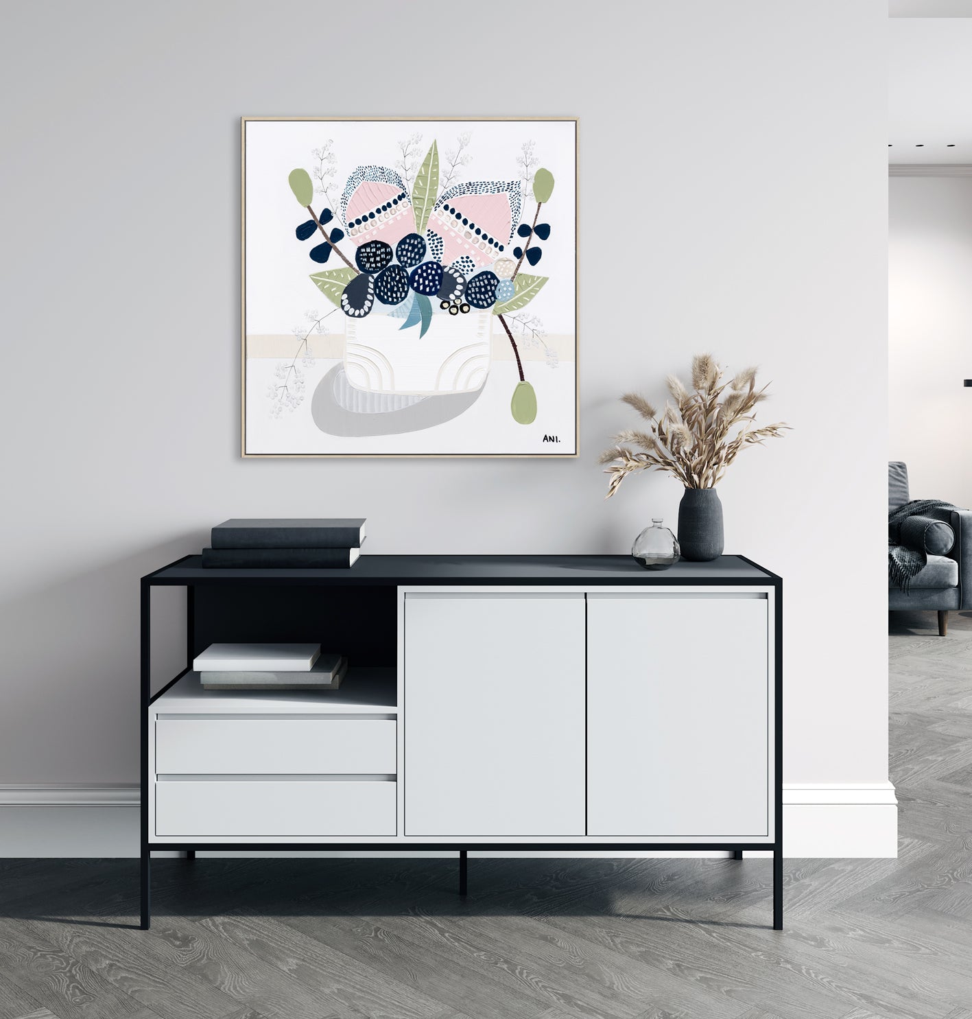 Original floral painting titled "Banksia Pods" by Melbourne-based artist Ani Ipradjian, showcasing Australia's native Banksia pod in a coastal-inspired palette of sandy tones, mustards, greens, and blues.