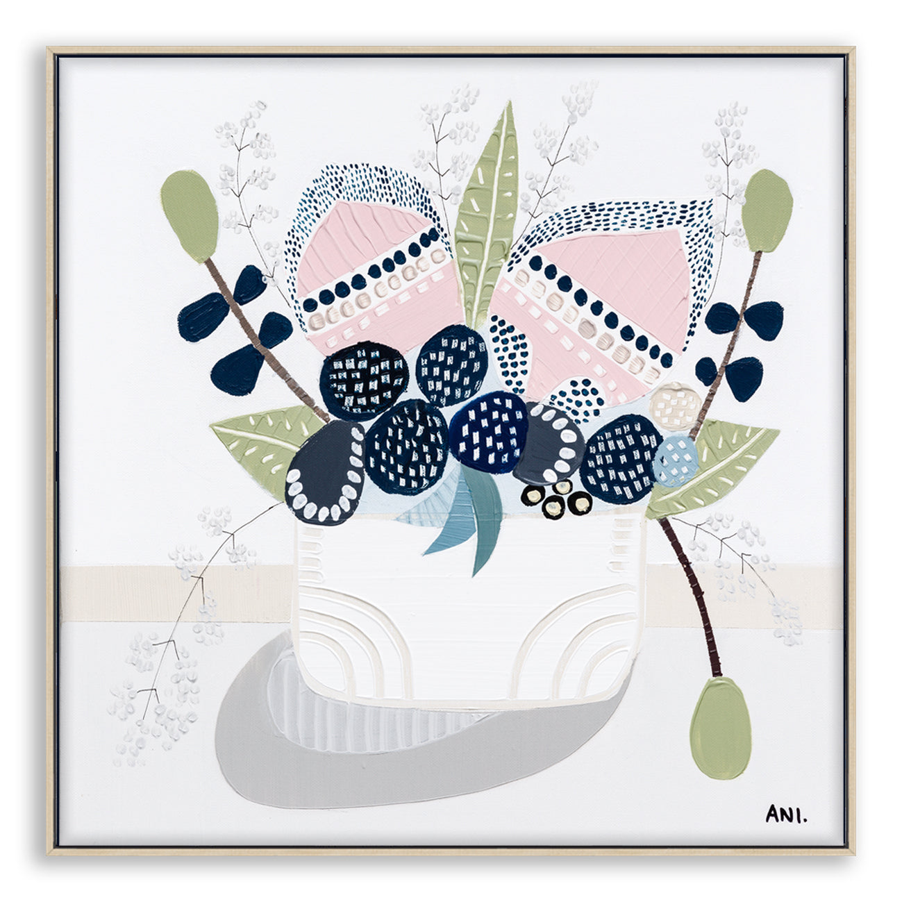 Original floral painting titled "Banksia Pods" by Melbourne-based artist Ani Ipradjian, showcasing Australia's native Banksia pod in a coastal-inspired palette of sandy tones, mustards, greens, and blues.