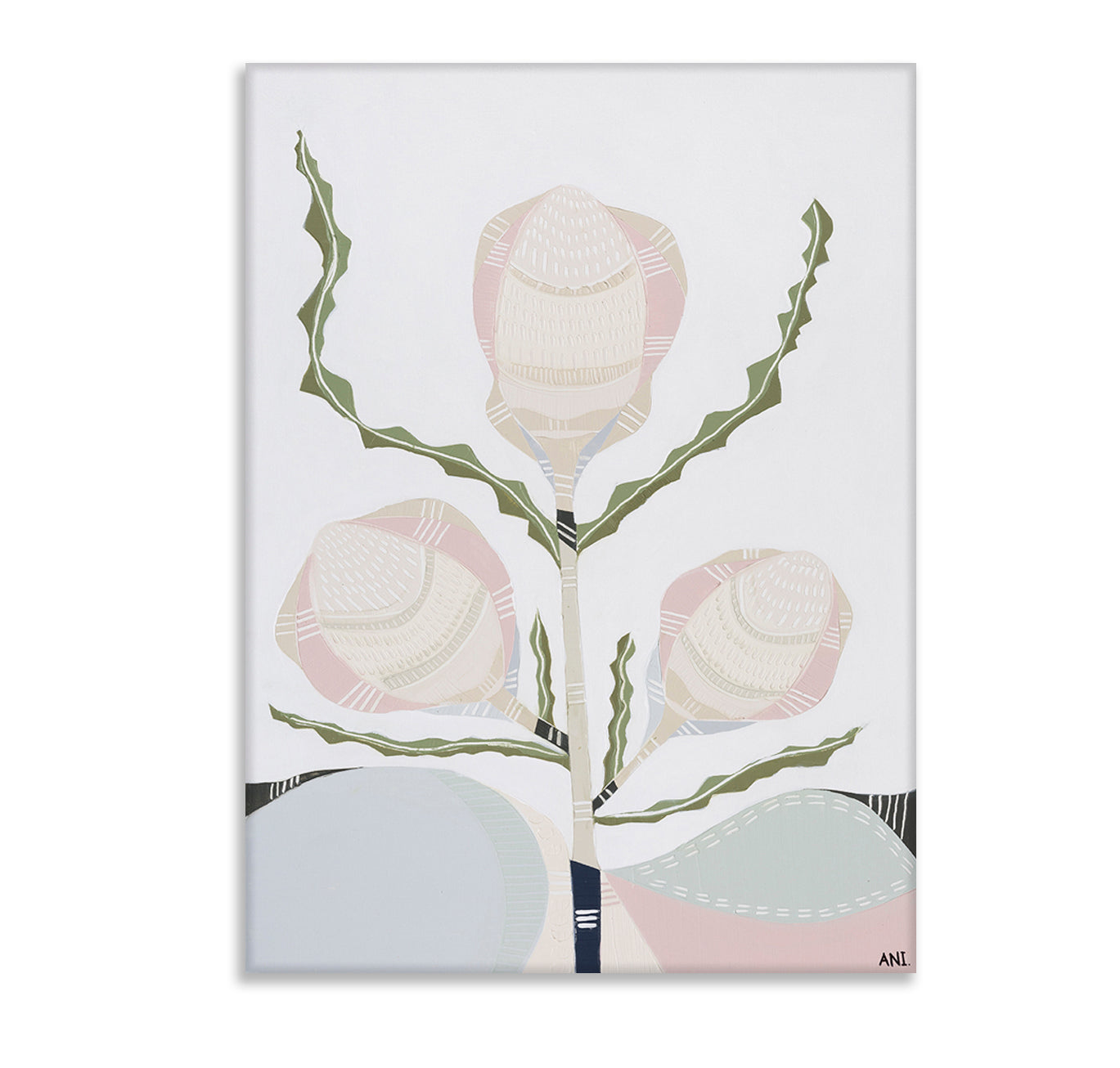 Banksia floral print by Ani Ipradjian – abstract depiction of native Australian Banksia flower with textured layers and earthy tones, inspired by coastal flora near the Mornington Peninsula.