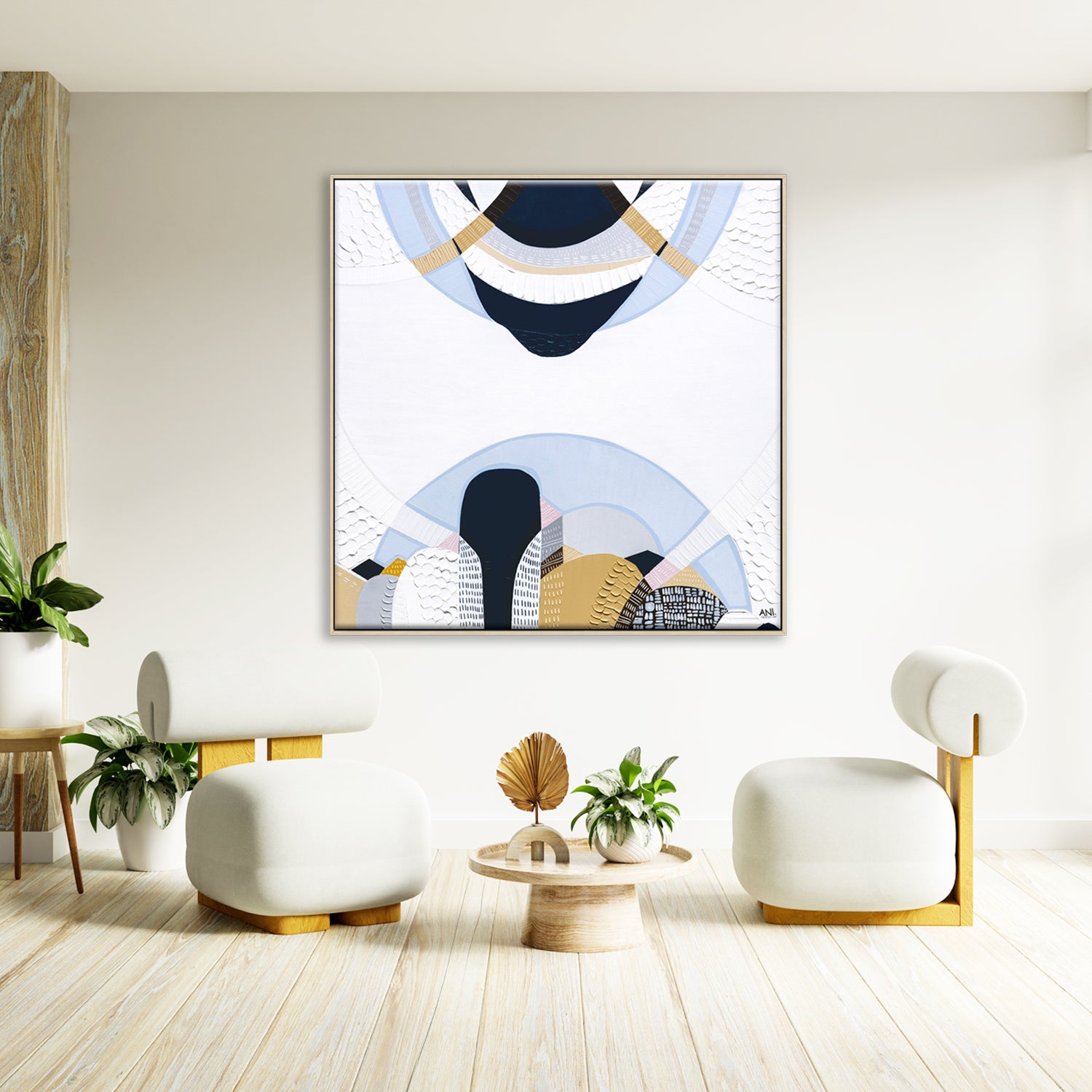 Blue Mountains 3 abstract Australian landscape painting by Melbourne artist Ani Ipradjian, featuring eucalyptus blue tones, earthy textures, and layered contemporary design inspired by the Three Sisters, Echo Point, and the misty Blue Mountains of Sydney, Australia.