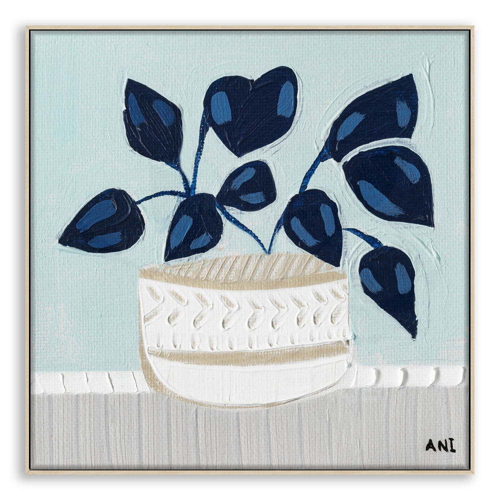 Blue Monstera botanical wall art print by Melbourne artist Ani Ipradjian, featuring an abstract monstera leaf in calming blue tones symbolising growth, good luck, freedom, and creativity. Contemporary Australian plant-inspired artwork ideal for modern interiors, home offices, and nature-inspired décor.