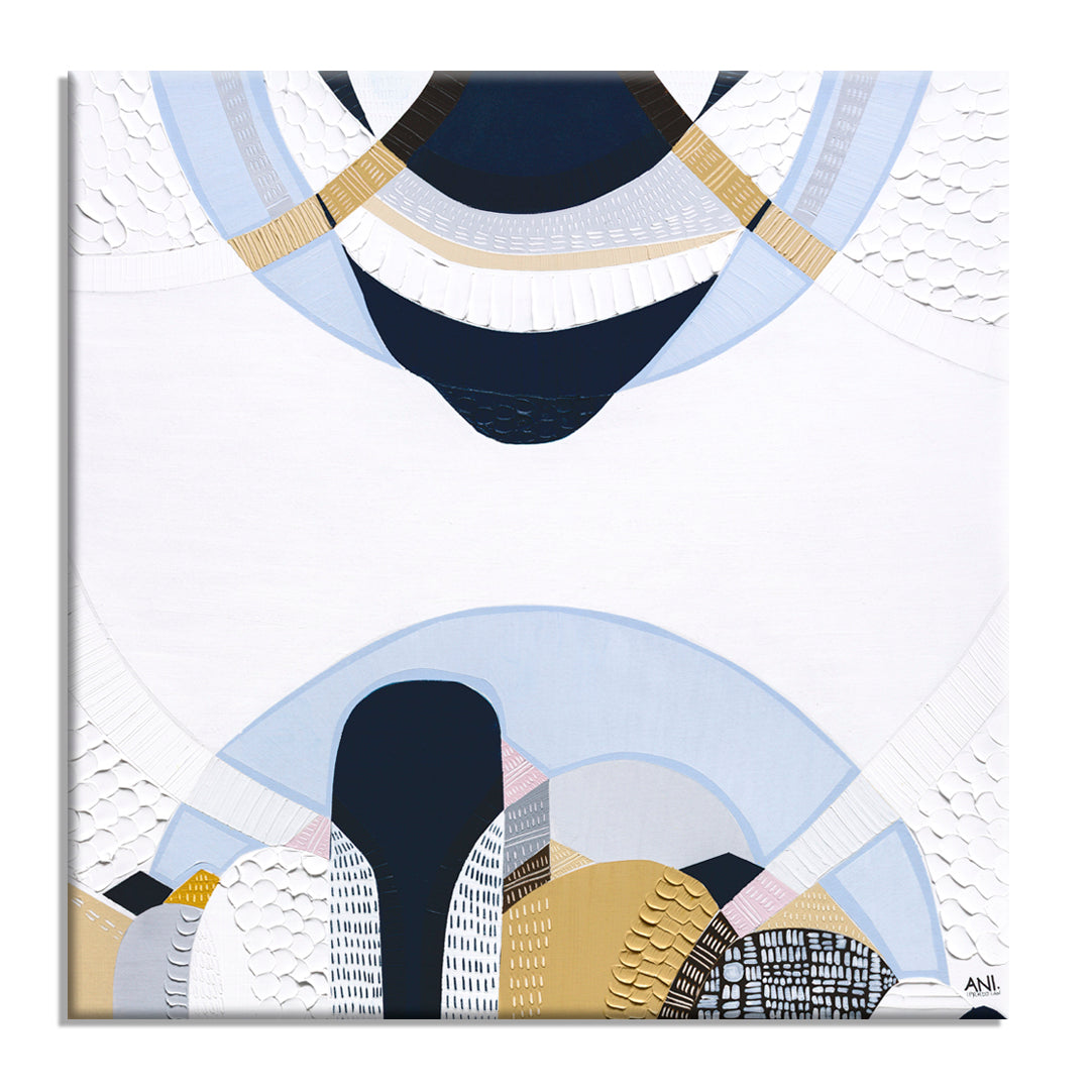 Blue Mountains 3 abstract Australian landscape painting by Melbourne artist Ani Ipradjian, featuring eucalyptus blue tones, earthy textures, and layered contemporary design inspired by the Three Sisters, Echo Point, and the misty Blue Mountains of Sydney, Australia.