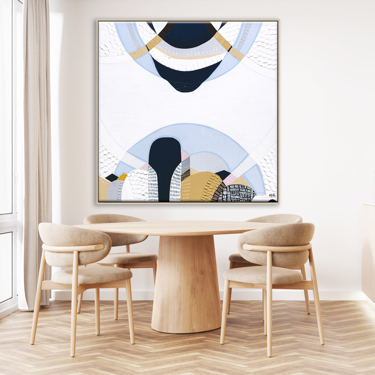 Blue Mountains 3 abstract Australian landscape painting by Melbourne artist Ani Ipradjian, featuring eucalyptus blue tones, earthy textures, and layered contemporary design inspired by the Three Sisters, Echo Point, and the misty Blue Mountains of Sydney, Australia.