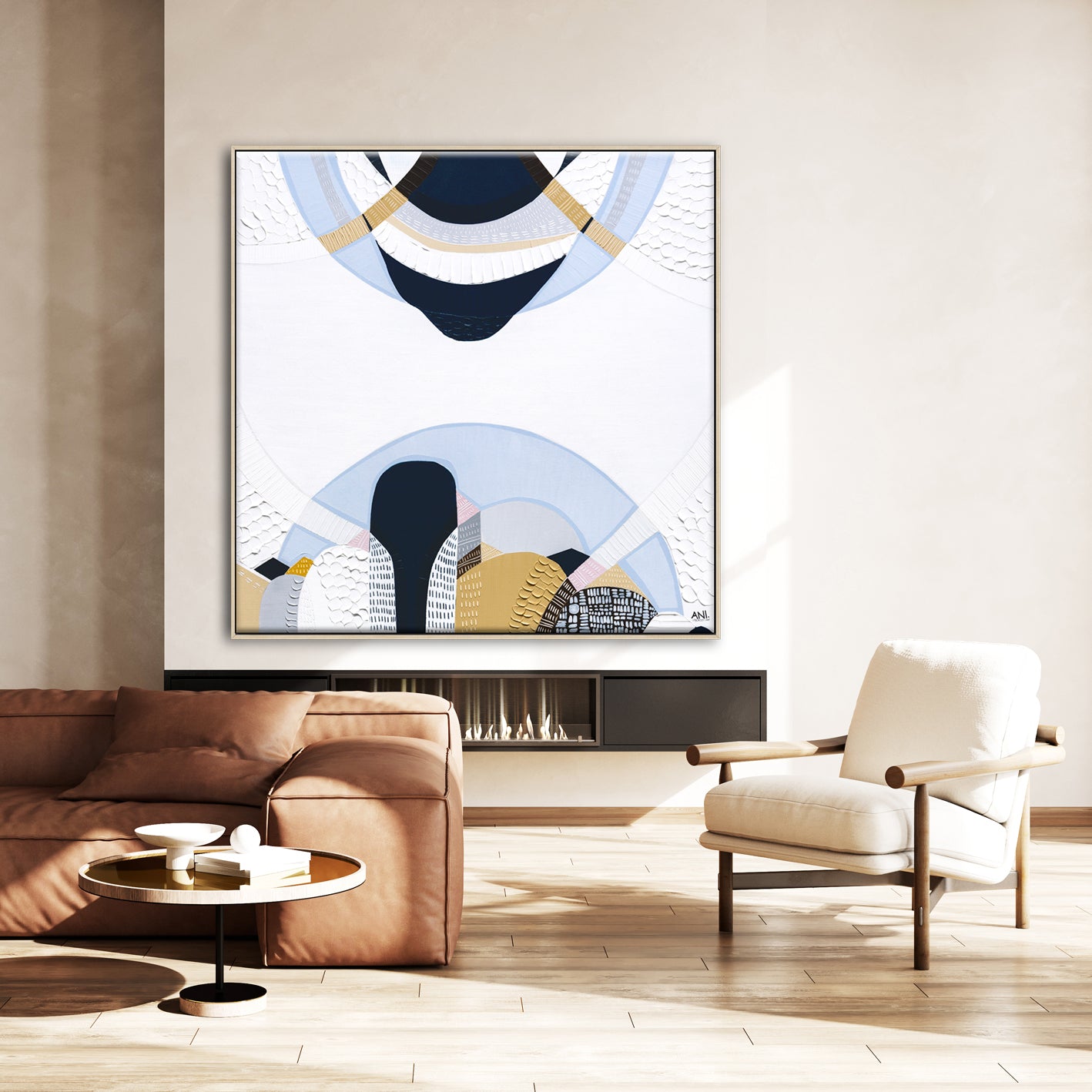 Blue Mountains 3 abstract Australian landscape painting by Melbourne artist Ani Ipradjian, featuring eucalyptus blue tones, earthy textures, and layered contemporary design inspired by the Three Sisters, Echo Point, and the misty Blue Mountains of Sydney, Australia.