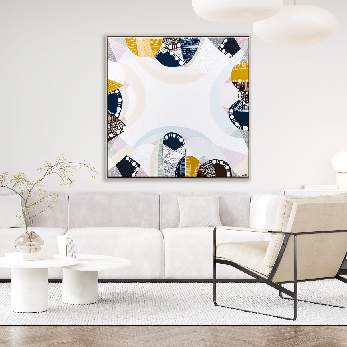 Blue Mountains Tour print by Ani Ipradjian – abstract Australian landscape artwork in tones of eucalyptus blue and earthy brown, inspired by the Three Sisters and Echo Point in the Blue Mountains. Suitable for global collectors and Australian art lovers.