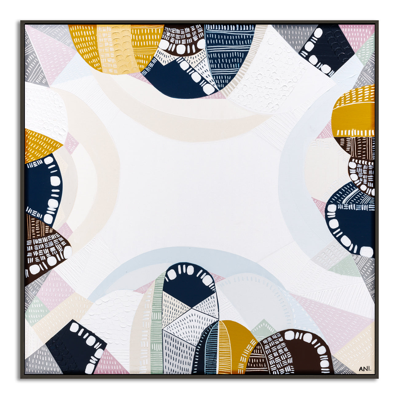 Blue Mountains Tour print by Ani Ipradjian – abstract Australian landscape artwork in tones of eucalyptus blue and earthy brown, inspired by the Three Sisters and Echo Point in the Blue Mountains. Suitable for global collectors and Australian art lovers.