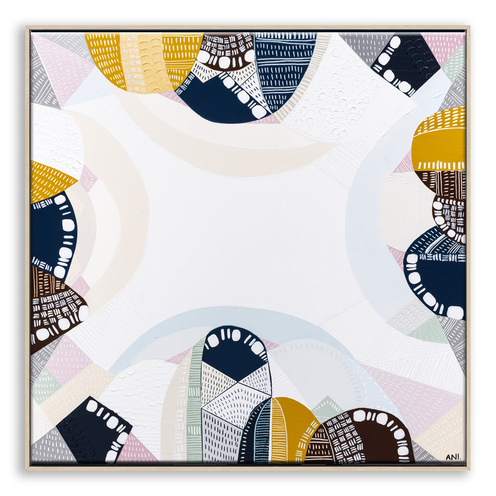 Blue Mountains Tour print by Ani Ipradjian – abstract Australian landscape artwork in tones of eucalyptus blue and earthy brown, inspired by the Three Sisters and Echo Point in the Blue Mountains. Suitable for global collectors and Australian art lovers.