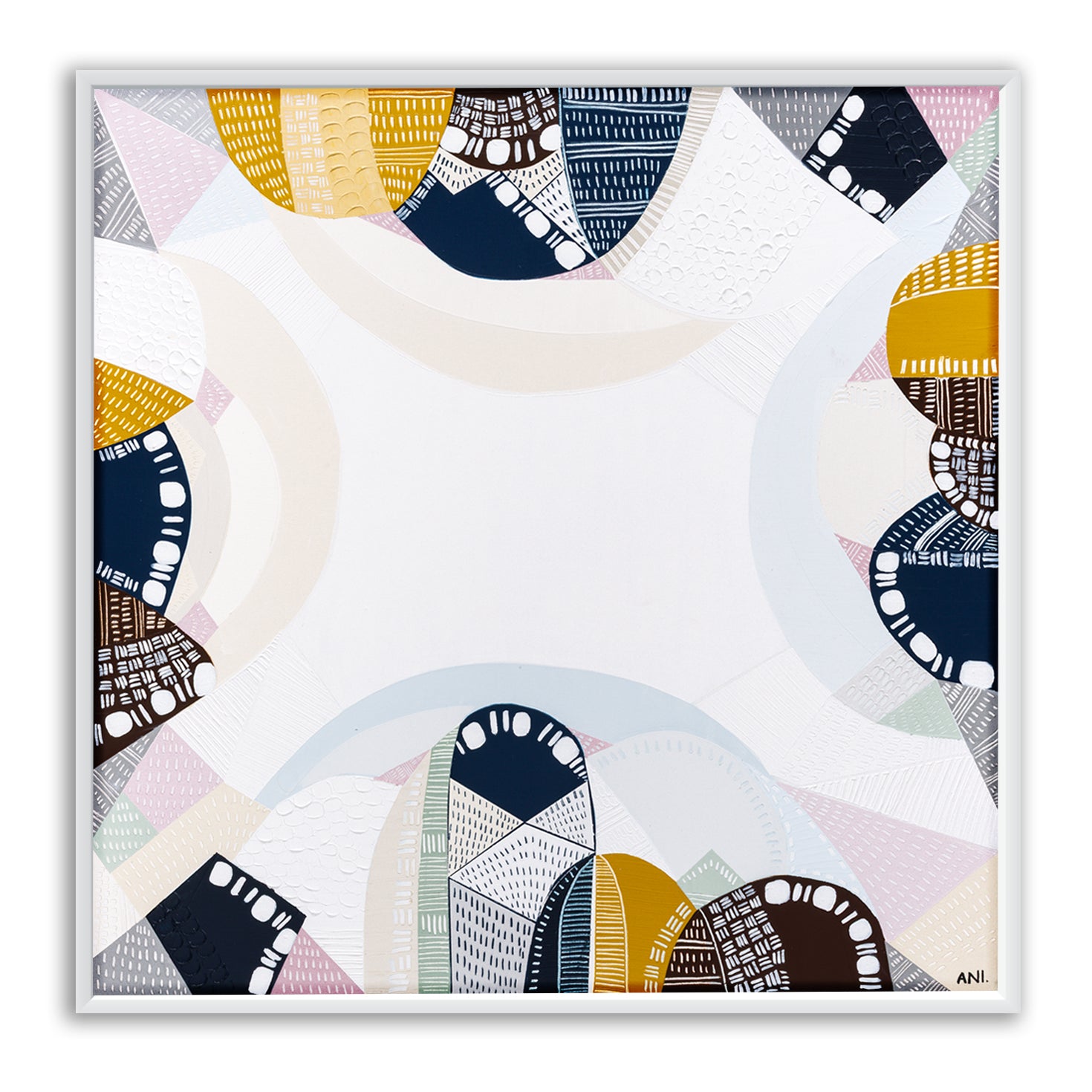 Blue Mountains Tour print by Ani Ipradjian – abstract Australian landscape artwork in tones of eucalyptus blue and earthy brown, inspired by the Three Sisters and Echo Point in the Blue Mountains. Suitable for global collectors and Australian art lovers.