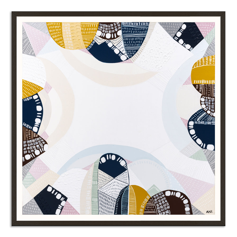 Blue Mountains Tour print by Ani Ipradjian – abstract Australian landscape artwork in tones of eucalyptus blue and earthy brown, inspired by the Three Sisters and Echo Point in the Blue Mountains. Suitable for global collectors and Australian art lovers.