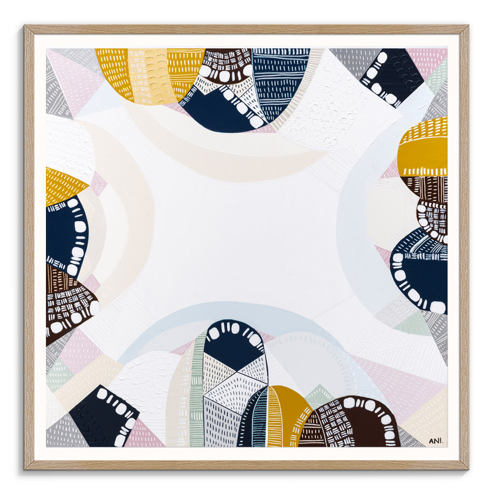 Blue Mountains Tour print by Ani Ipradjian – abstract Australian landscape artwork in tones of eucalyptus blue and earthy brown, inspired by the Three Sisters and Echo Point in the Blue Mountains. Suitable for global collectors and Australian art lovers.