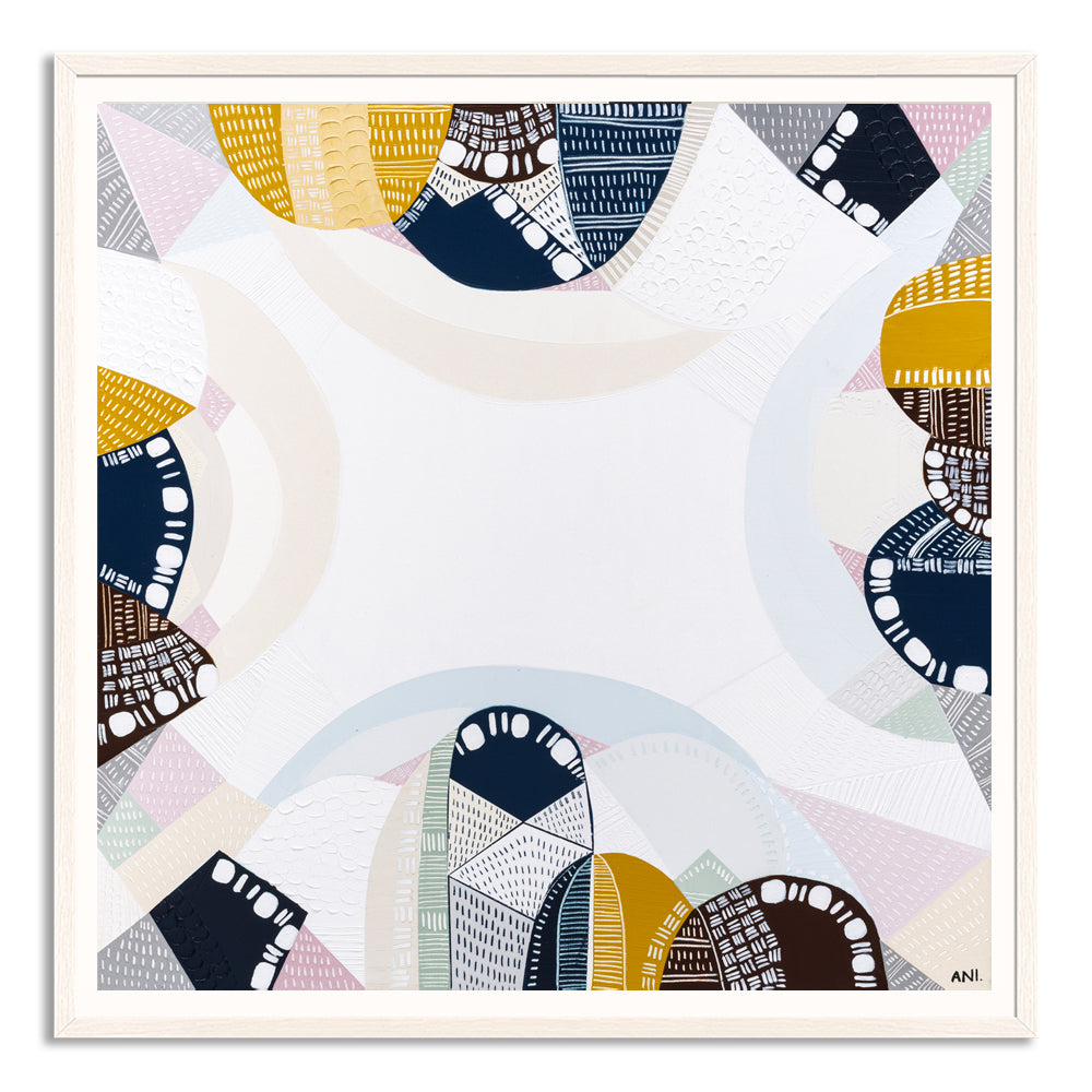 Blue Mountains Tour print by Ani Ipradjian – abstract Australian landscape artwork in tones of eucalyptus blue and earthy brown, inspired by the Three Sisters and Echo Point in the Blue Mountains. Suitable for global collectors and Australian art lovers.