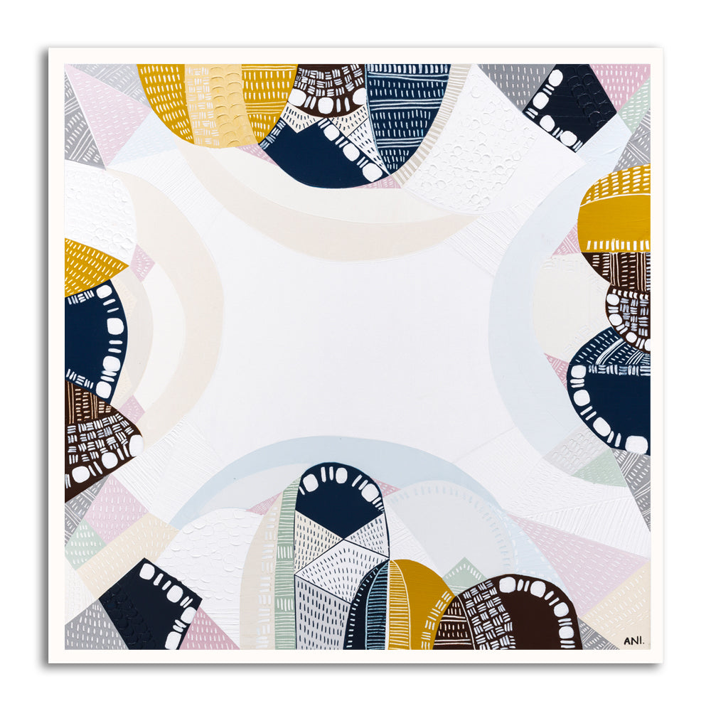 Blue Mountains Tour print by Ani Ipradjian – abstract Australian landscape artwork in tones of eucalyptus blue and earthy brown, inspired by the Three Sisters and Echo Point in the Blue Mountains. Suitable for global collectors and Australian art lovers.
