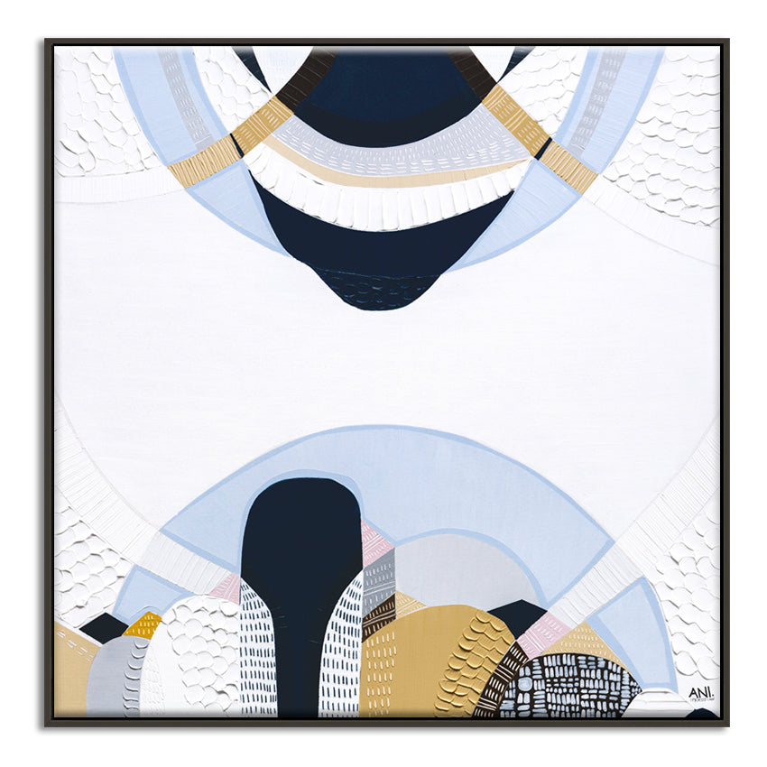 Blue Mountains 3 abstract Australian landscape painting by Melbourne artist Ani Ipradjian, featuring eucalyptus blue tones, earthy textures, and layered contemporary design inspired by the Three Sisters, Echo Point, and the misty Blue Mountains of Sydney, Australia.
