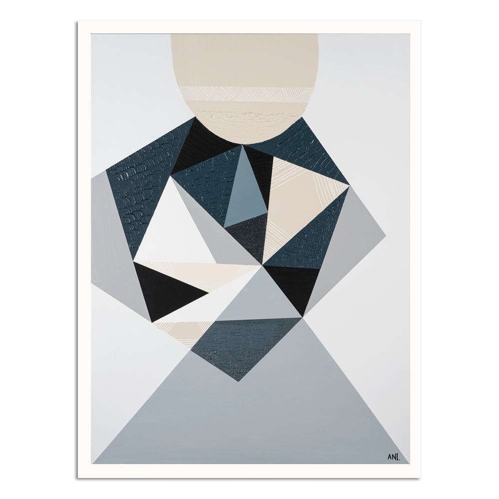 Abstract painting titled 'Bluestone Love' by Australian artist Ani Ipradjian, inspired by the historic bluestone architecture of Melbourne. Features textured blue-grey tones and layered forms symbolising Victoria’s rich Gold Rush heritage and cultural landscape. Ideal for global collectors of Australian abstract art.