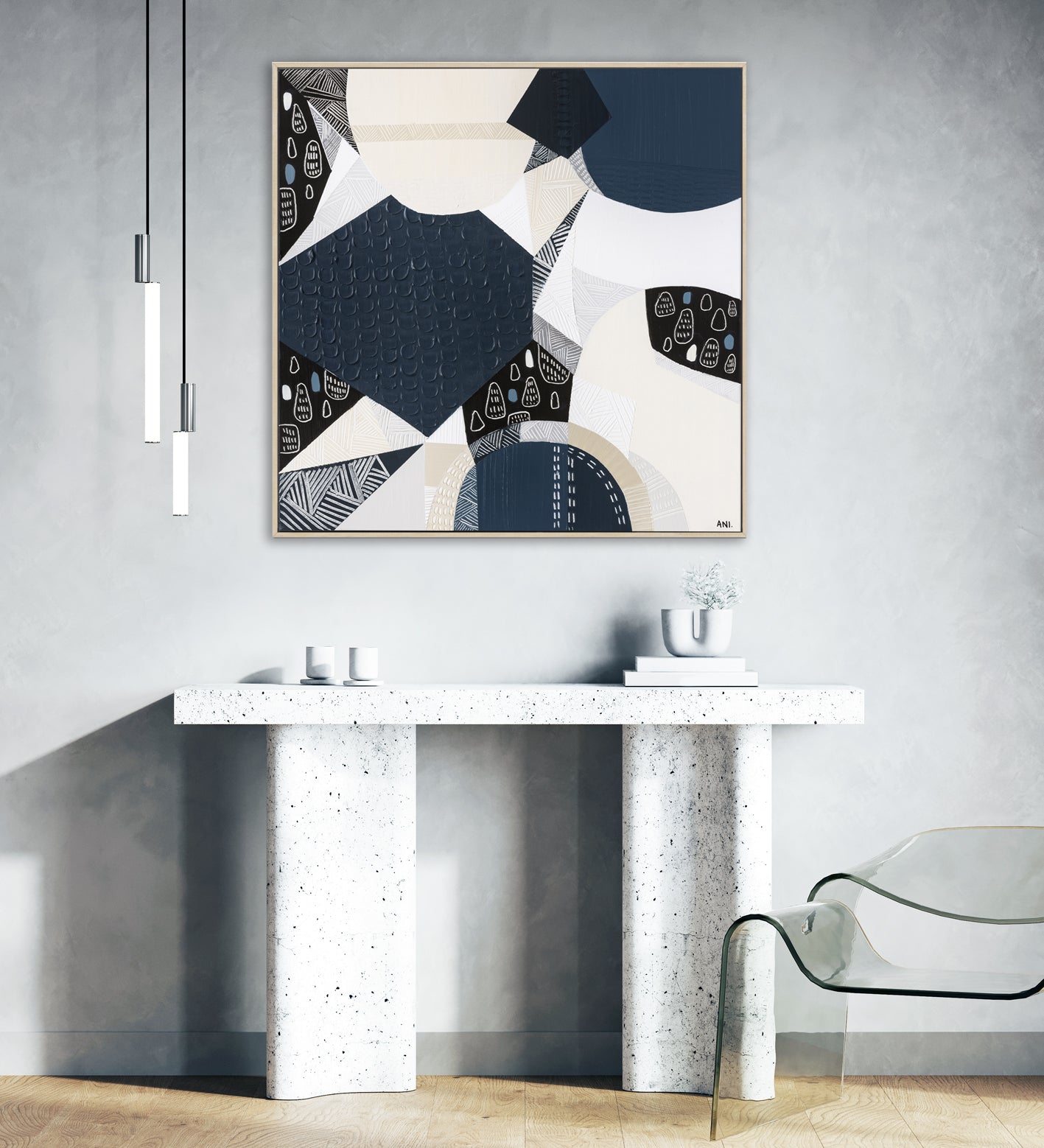 "Bluestone Heritage 1" – Original abstract painting by Australian artist Ani Ipradjian, inspired by the historic bluestone architecture of Australia, featuring textured blue-grey tones and basalt-like patterns.