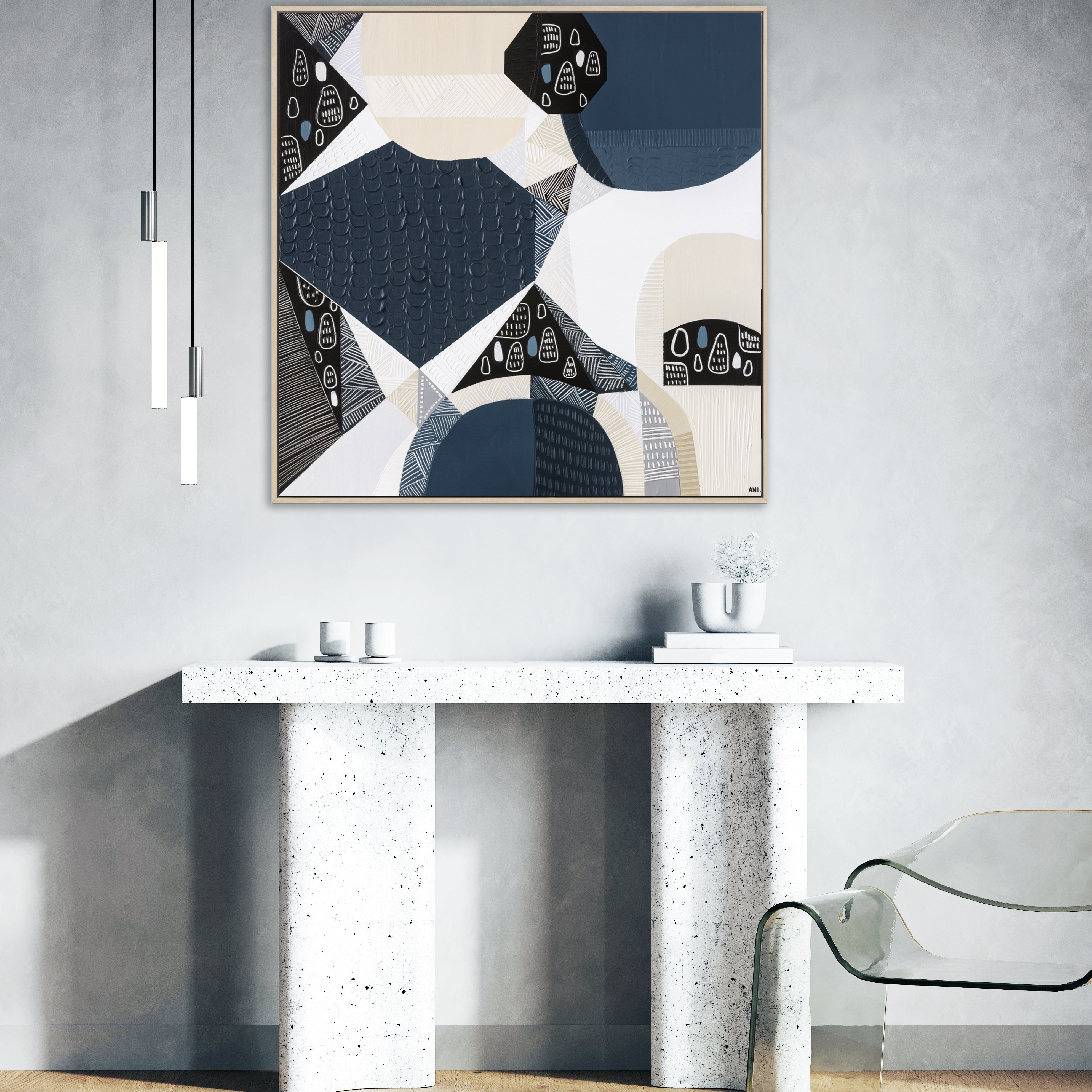"Bluestone Heritage 1" – Original abstract painting by Australian artist Ani Ipradjian, inspired by the historic bluestone architecture of Australia, featuring textured blue-grey tones and basalt-like patterns.