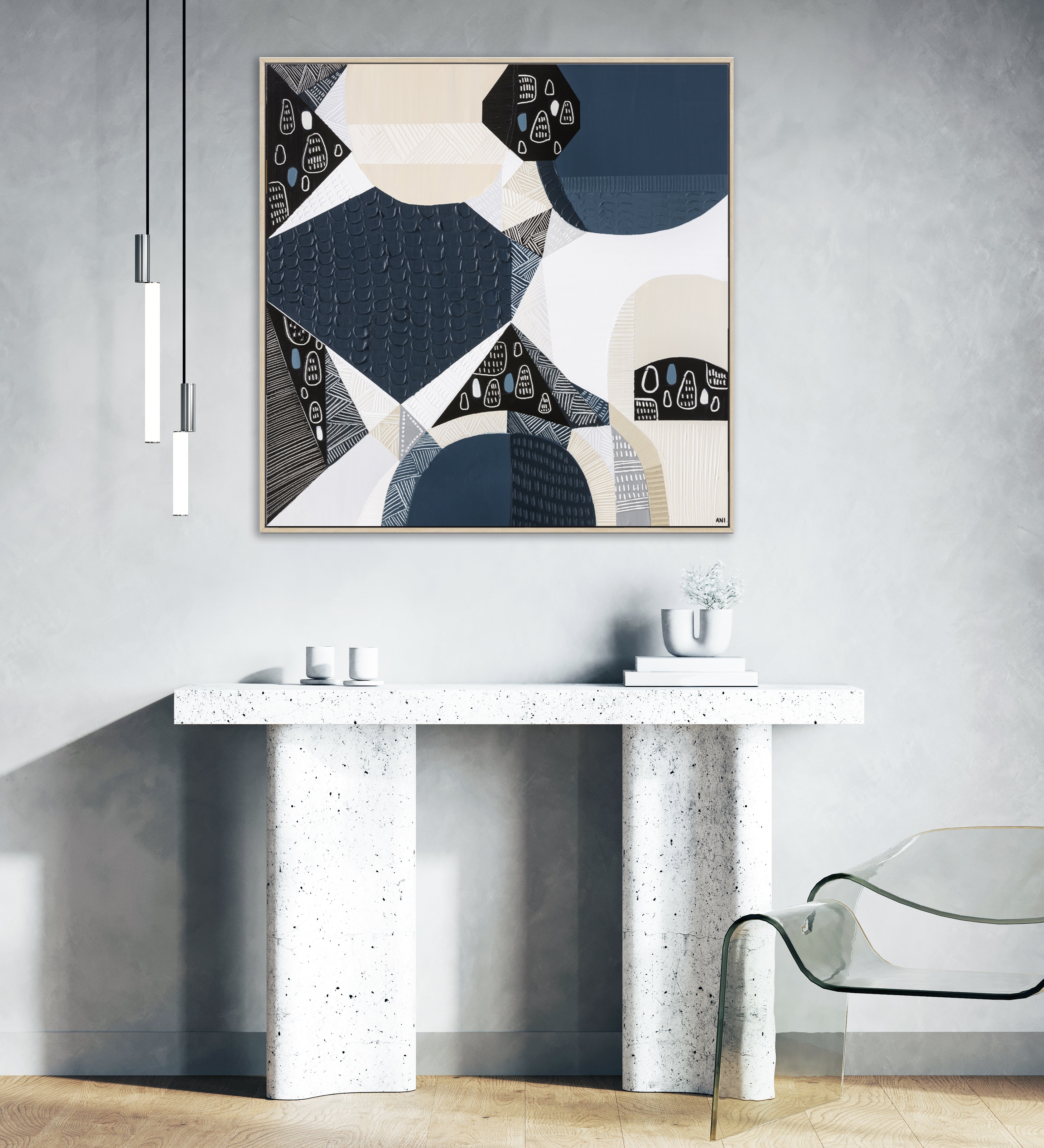 "Bluestone Heritage 1" – Original abstract painting by Australian artist Ani Ipradjian, inspired by the historic bluestone architecture of Australia, featuring textured blue-grey tones and basalt-like patterns.