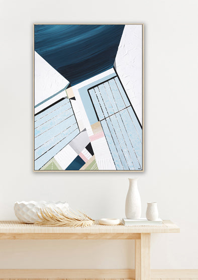 Original abstract painting titled "Bondi Icebergs" by Australian artist Ani Ipradjian, depicting the iconic Bondi Icebergs pool with vibrant Mediterranean hues and dynamic coastal elements.