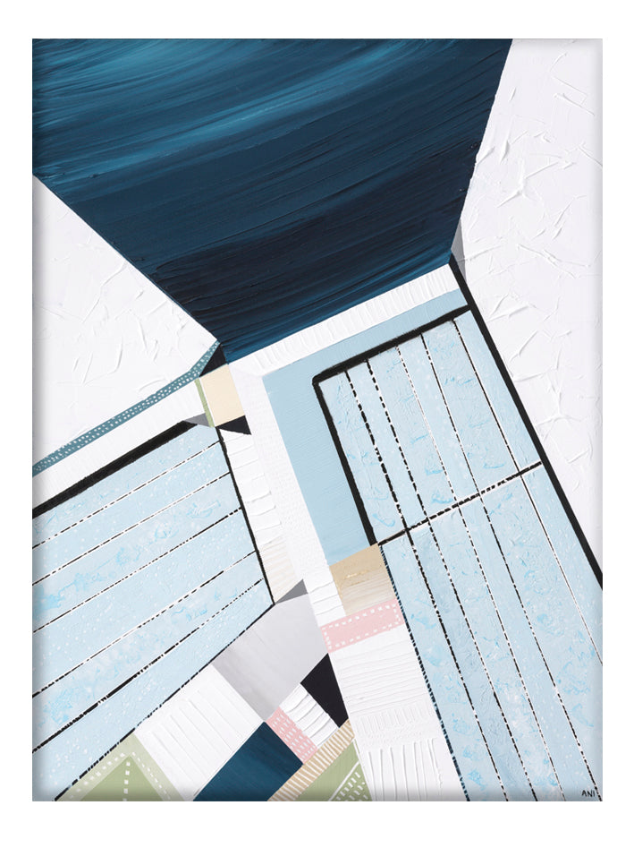 “Bondi Icebergs” print by Australian artist Ani Ipradjian – abstract coastal artwork inspired by Bondi Beach and its iconic ocean pool, featuring Mediterranean colours and dynamic textures.