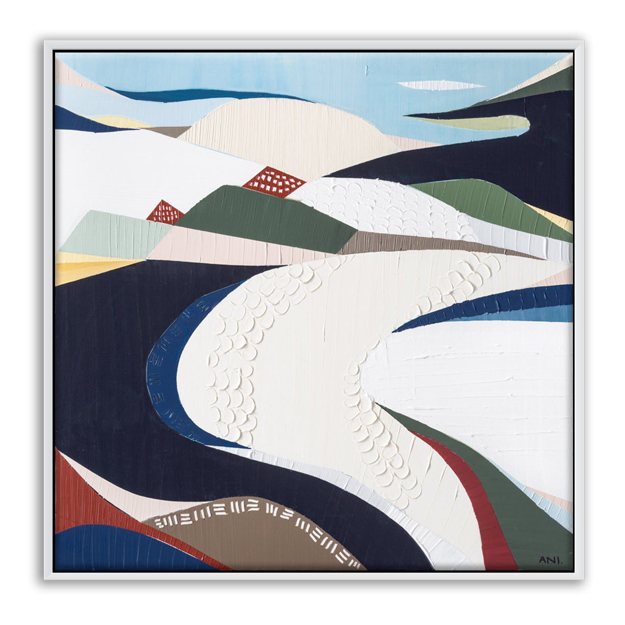 Bondi Beach abstract painting by Melbourne artist Ani Ipradjian, inspired by Sydney’s iconic coastline. Featuring ocean blues, sandy tones, and textured layers, this artwork celebrates Bondi’s surf culture, vibrant atmosphere, and surrounding flora and fauna. Perfect for Australian art collectors, coastal interior design, and surf-inspired homes worldwide.