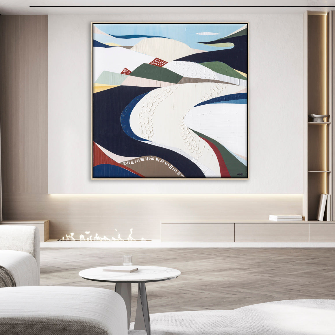 Bondi Beach abstract painting by Melbourne artist Ani Ipradjian, inspired by Sydney’s iconic coastline. Featuring ocean blues, sandy tones, and textured layers, this artwork celebrates Bondi’s surf culture, vibrant atmosphere, and surrounding flora and fauna. Perfect for Australian art collectors, coastal interior design, and surf-inspired homes worldwide.