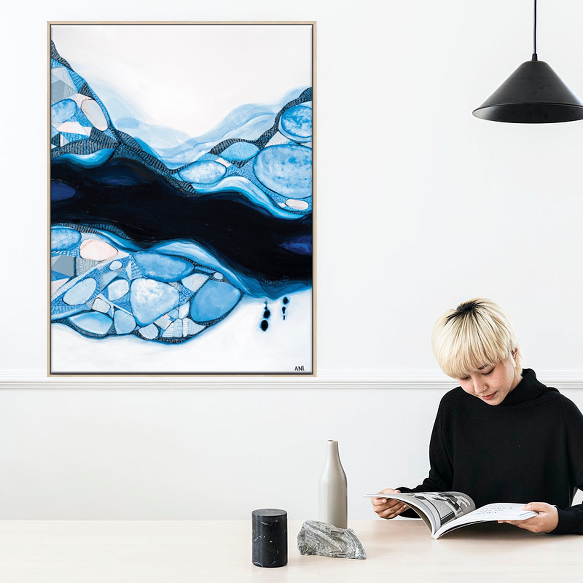 Bondi Blue – Abstract coastal art print by Australian artist Ani Ipradjian, inspired by Bondi Beach and Bondi Icebergs. Featuring oceanic blues, sandy tones, and symbolic feminine forms, this contemporary artwork appeals to global buyers seeking modern Australian beach-inspired art.
