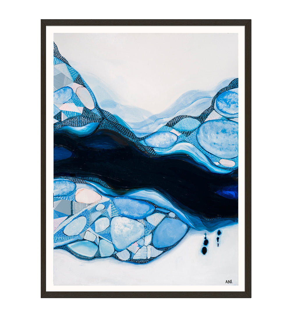 Bondi Blue – Abstract coastal art print by Australian artist Ani Ipradjian, inspired by Bondi Beach and Bondi Icebergs. Featuring oceanic blues, sandy tones, and symbolic feminine forms, this contemporary artwork appeals to global buyers seeking modern Australian beach-inspired art.