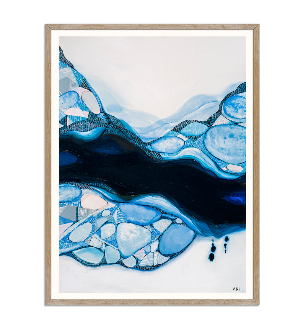 Bondi Blue – Abstract coastal art print by Australian artist Ani Ipradjian, inspired by Bondi Beach and Bondi Icebergs. Featuring oceanic blues, sandy tones, and symbolic feminine forms, this contemporary artwork appeals to global buyers seeking modern Australian beach-inspired art.