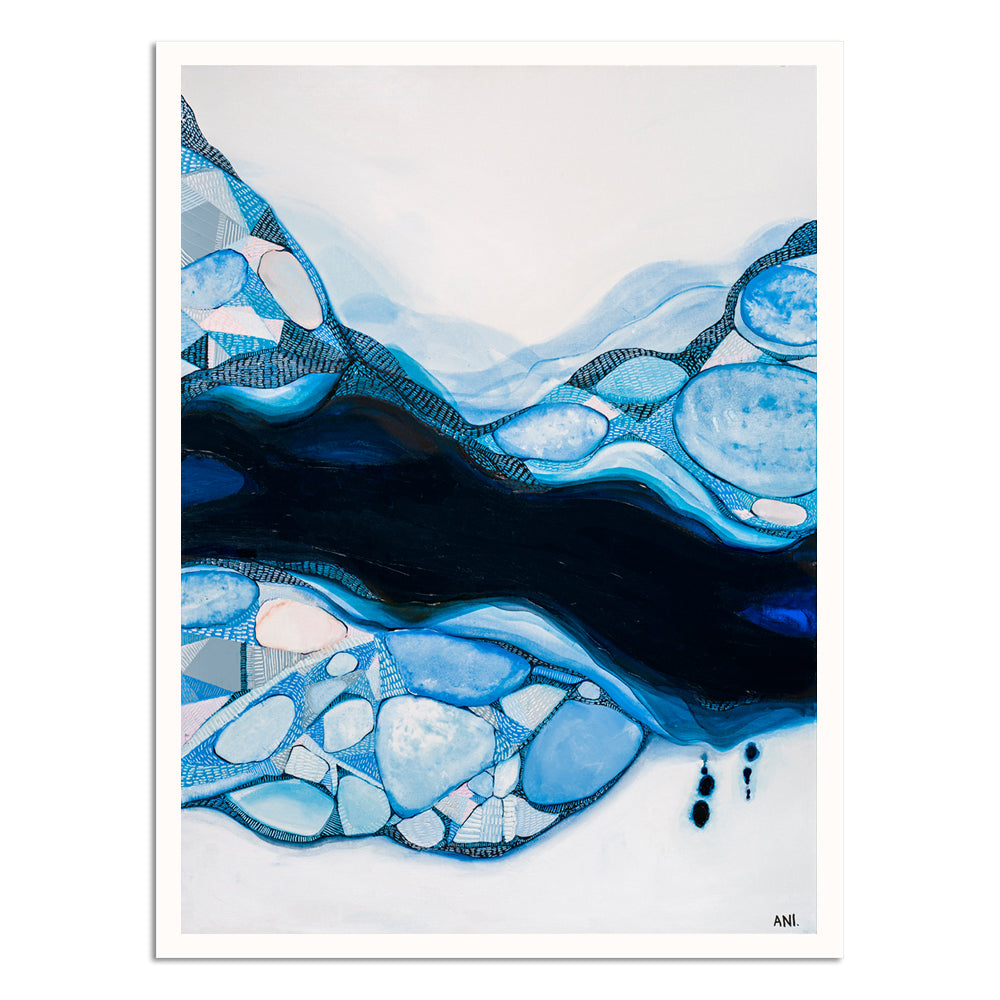 Bondi Blue – Abstract coastal art print by Australian artist Ani Ipradjian, inspired by Bondi Beach and Bondi Icebergs. Featuring oceanic blues, sandy tones, and symbolic feminine forms, this contemporary artwork appeals to global buyers seeking modern Australian beach-inspired art.