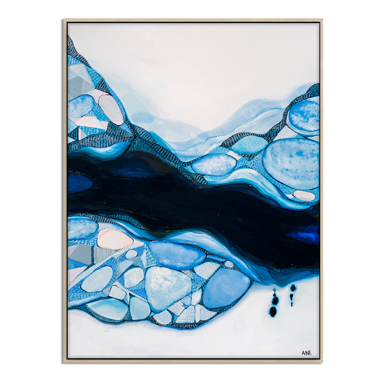 Bondi Blue – Abstract coastal art print by Australian artist Ani Ipradjian, inspired by Bondi Beach and Bondi Icebergs. Featuring oceanic blues, sandy tones, and symbolic feminine forms, this contemporary artwork appeals to global buyers seeking modern Australian beach-inspired art.